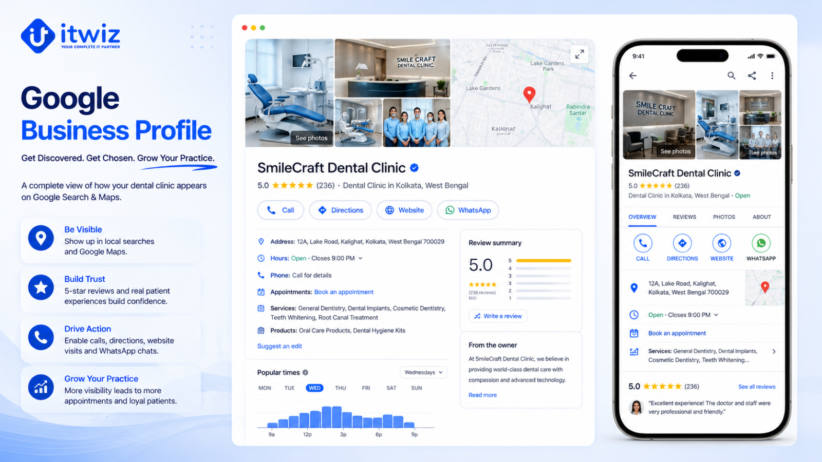 Google Business Profile for dental clinics showcasing reviews, photos, directions, appointment booking, and local search visibility to attract more dental patients.