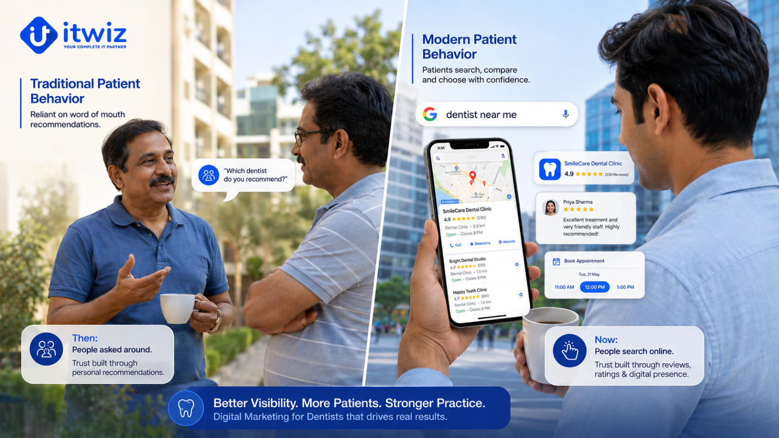Traditional vs modern patient behavior in dentistry showing word-of-mouth recommendations compared with online dentist searches, Google reviews, maps, and appointment booking for dental clinic marketing.