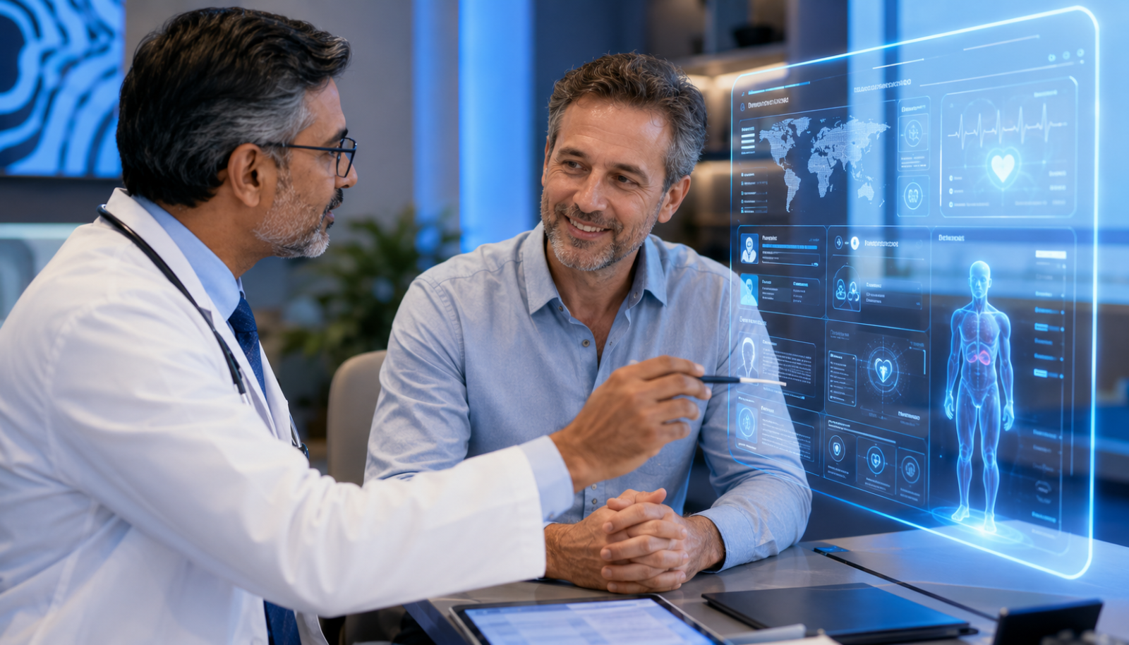 Doctor explaining affordable medical tourism options using advanced healthcare technology in India.
