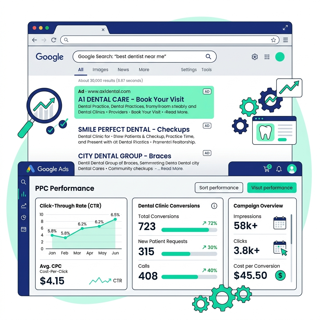 Dental Google Ads PPC campaign dashboard showing keyword search positions, click-through-rate indicators, and lead conversions for dental clinics