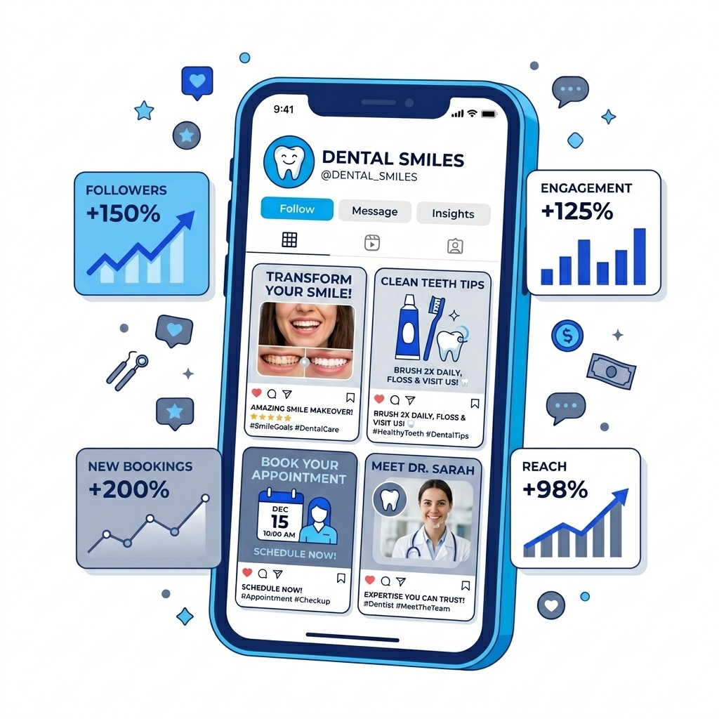 Dental Social Media Marketing campaign showing patient smile makeovers, clinical trust builders, and metrics for dental clinics